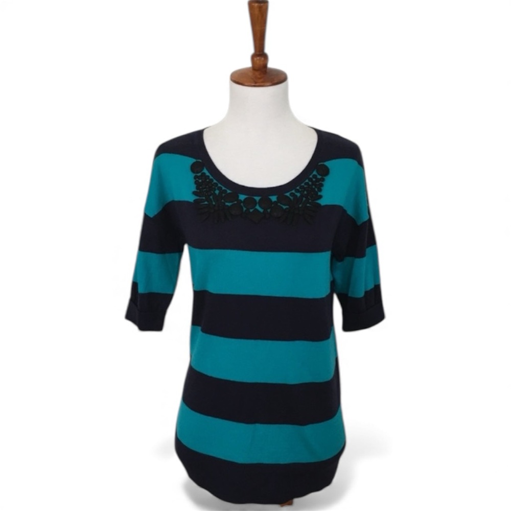 Boden Striped Knit Top US 2 Embellished Scoop Neck‎ Knit Tee Navy Teal